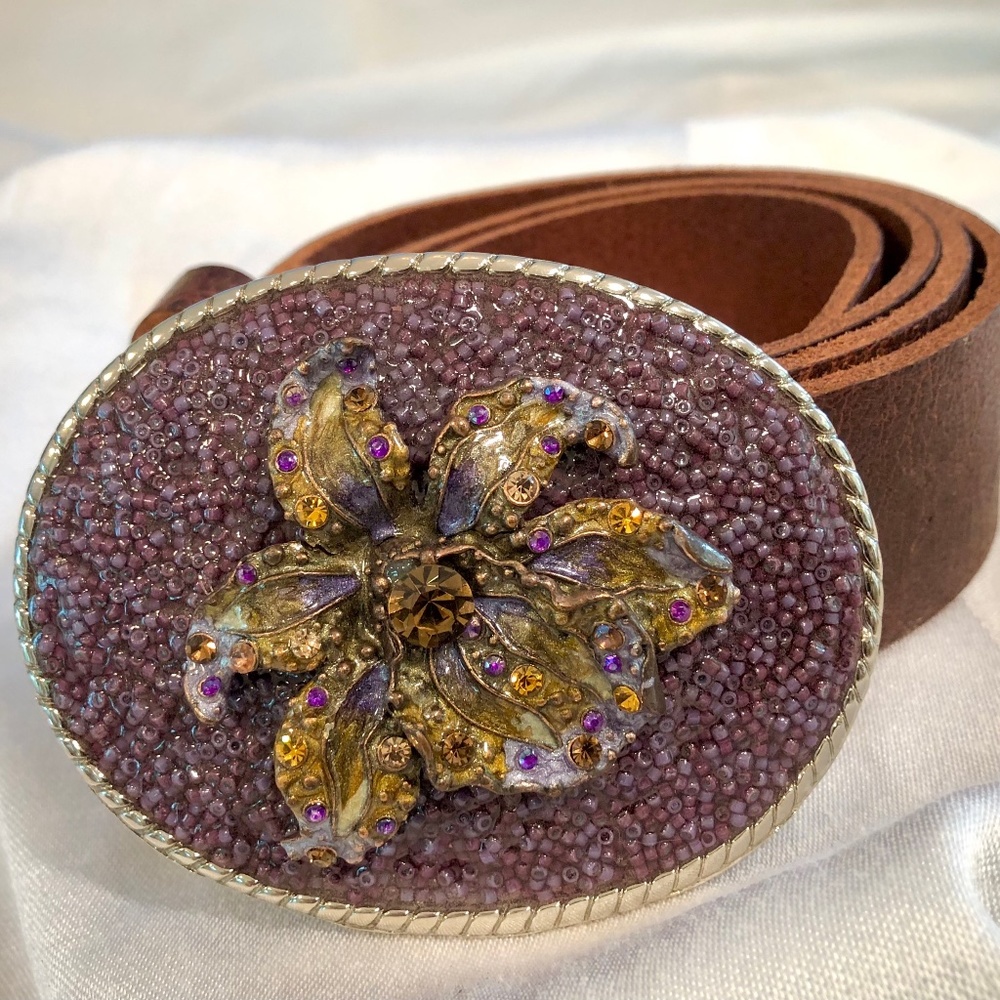 Handmade Purple & Bronze Beaded Belt Buckle with Med Brown Genuine Leather Belt